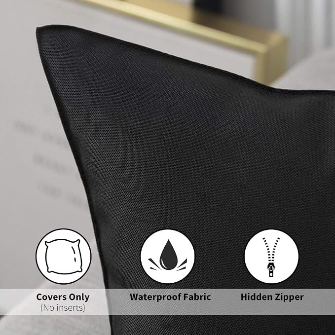MIULEE Decorative Outdoor Waterproof Pillow Covers 18x18 Black | Decorative Patio Furniture,Pack of 2,Accent Square Soild Throw Pillow Covers,Summer Garden Tent Couch Sofa