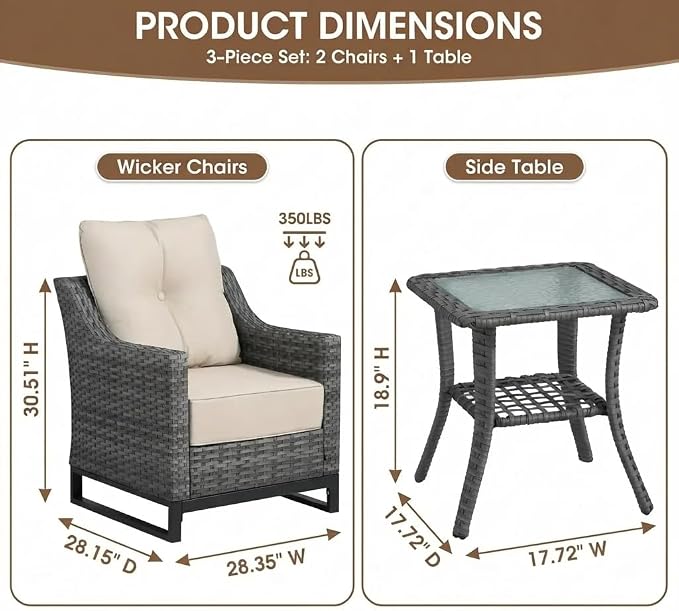 3 Piece Patio Furniture Set, Grey Wicker Outdoor Conversation Set with 2 Wicker Chairs and Side Table, 6-Inch Thick Cushions, High Back Seating, Beige Olefin Covers for Porch, Deck