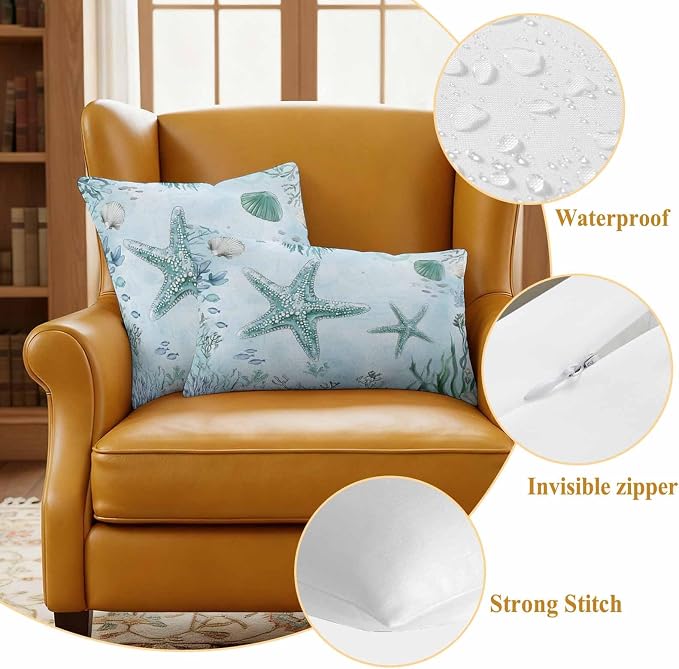 Coastal Starfish Waterproof Outdoor Pillow Covers Set of 2 Home Decor, Nautical Coral Tropical Fish Seashells Pillowcase Patio Pillow Covers for Couch Bench Furniture Garden 26x26in