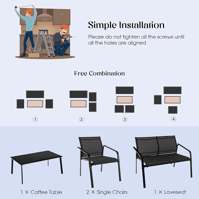 HAPPYGRILL 4 Piece Outdoor Conversation Set Patio Furniture Set, Breathable Fabric Single Chairs & Loveseat, Tempered Glass Coffee Table, Patio Bistro Set for Poolside Yard Garden