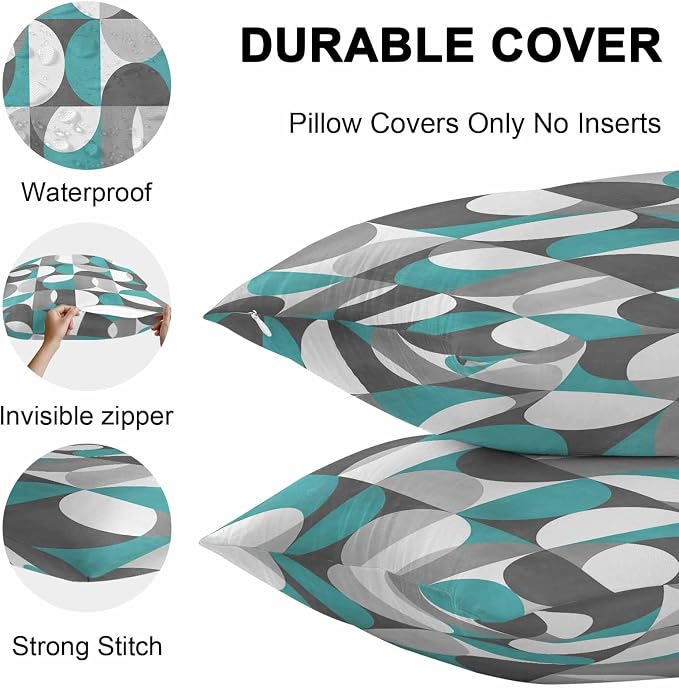 Vandarllin Outdoor Throw Pillows Covers 16x16 inch Set of 2 Waterproof Mid Century Geometric Decorative Zippered Cushion Covers for Patio Furniture, Abstract Modern Teal Lumbar Pillowcases
