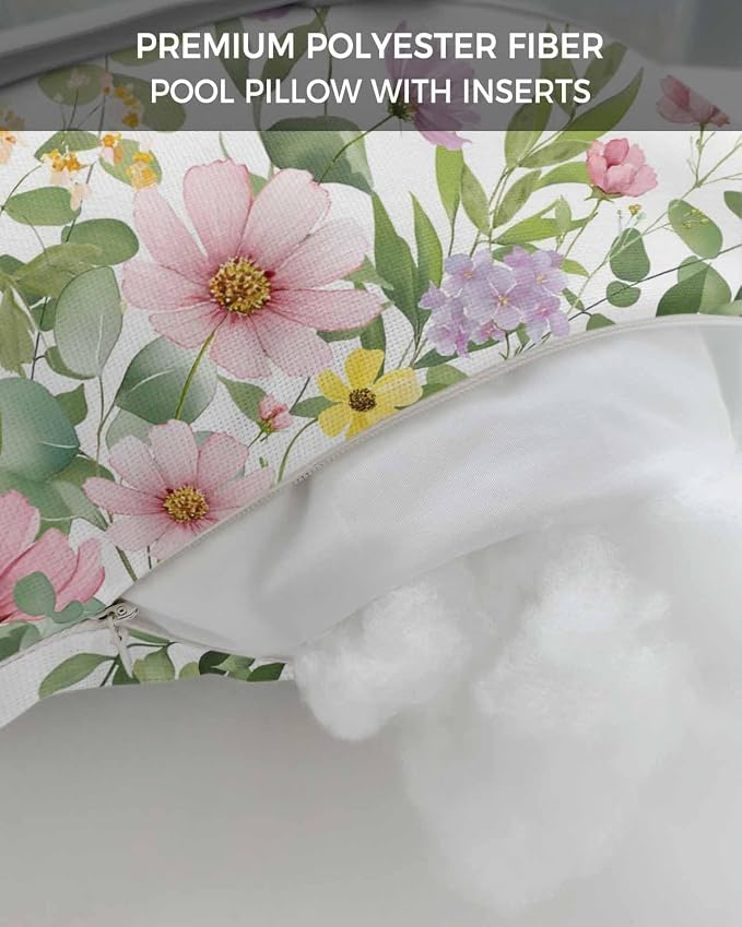 Pink Spring Floral Outdoor Pillows with Insert 12x20 Inch Watercolor Botanical Wildflowers Waterproof Headrest Pillows with Adjustable Strap Lounger Chair Throw for Patio Furnitures, 1 Pack