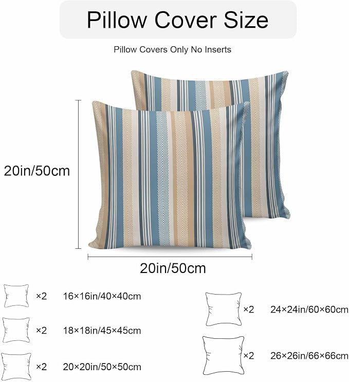 Blue Brown Beige Outdoor Pillow Covers 16x16 Inch Throw Pillow Covers Set of 2 Waterproof Decorative Pillow Cases Boho Farmhouse Abstract Stripes Art Cushion Covers for Patio Furniture Garden Couch