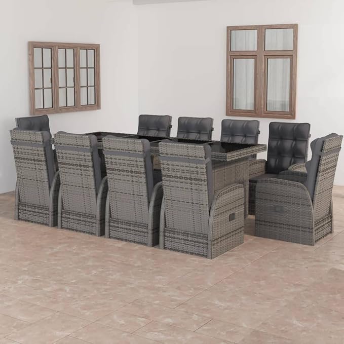 11 Piece Patio Dining Set with Cushions,Outdoor Table Chairs,Kitchen Furniture,Removable, Washable Cushion Covers,Used in Restaurant, Bistro, Coffee Shop,Deck, Backyard, Poly Rattan Gray