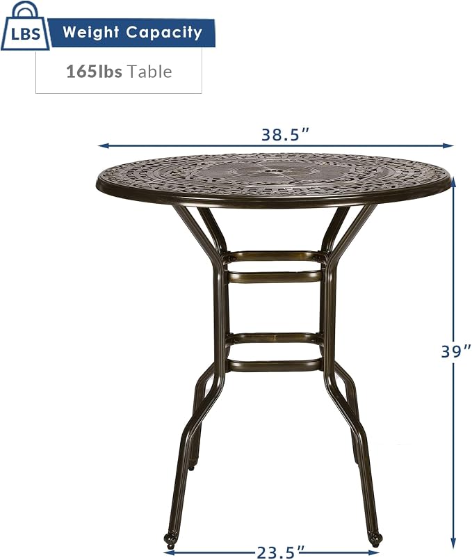 Outdoor Cast Aluminum Bar Table, 38.5" Patio Bar Height Table with 2" Umbrella Hole, All Weather High Top Bistro Round Dining Table for Outside Deck Porch Balcony Poolside, Dark Bronze