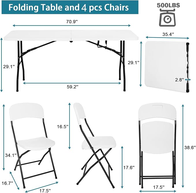 6ft Folding Table and Chairs, Outdoor Folding Chairs Set of 4, Foldable Table with Handle, Tables and Chairs for Parties, Picnic, Event, Indoor Outdoor Activities, at Home and Commercial Use, White