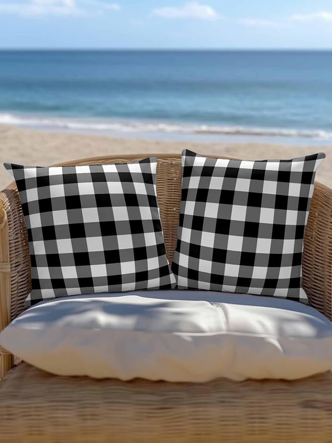 Waterproof Outdoor Pillow 1 Pack Black Buffalo Plaid Decorative Throw Pillows Cover & Insert 18x18 Inch Pillowcase Check Lines Square Pillows for Couch Sofa Bed Patio Furniture Indoor Outdoor