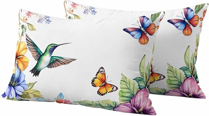Spring Flowers Bird Outdoor Waterproof Throw Pillow Covers Set of 2, 20"x12", Hummingbird Butterfly Rustic Decorative Pillow Covers Outside Cushion Case for Patio Porch Garden