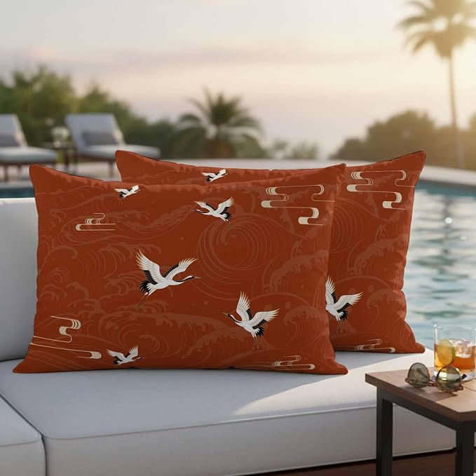 Japanese Style Outdoor Pillow Covers 20x12 Inch Lumbar Pillow Covers Set of 2 Waterproof Decorative Throw Pillow Cases Vintage Art Cranes Ocean Wave Red Cushion Covers for Patio Furniture Garden Couch
