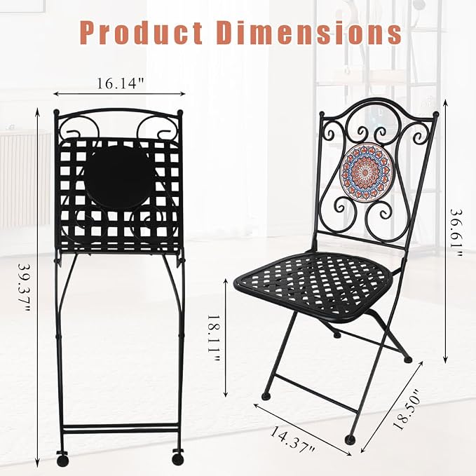 Folding Patio Chairs Set of 2 Mosaic Bistro Chair Outdoor Seating | Garden Patio Furniture Seating Heavy Duty Metal Frame Dining Chairs for Lawn Yard Balcony Porch Backyard Poolside