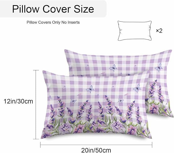 Vandarllin Outdoor Throw Pillows Covers 20x12 inch Set of 2 Waterproof Purple Lavender Flower Decorative Zippered Cushion Covers for Patio Furniture, Butterfly Buffalo Plaid Lumbar Pillowcases
