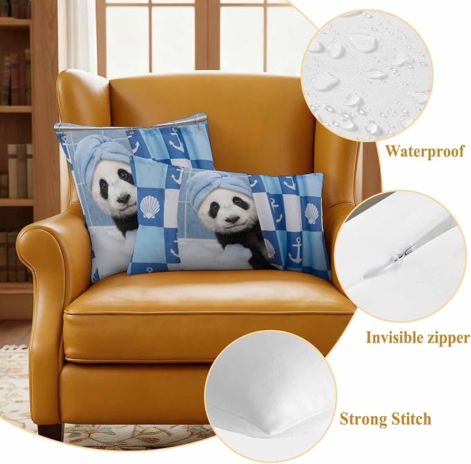 Bathing Panda Waterproof Outdoor Pillow Covers Set of 2 Home Decor, Funny Animal Showering Pillowcase Patio Pillow Covers for Couch Bench Patio Furniture Garden 18x18in