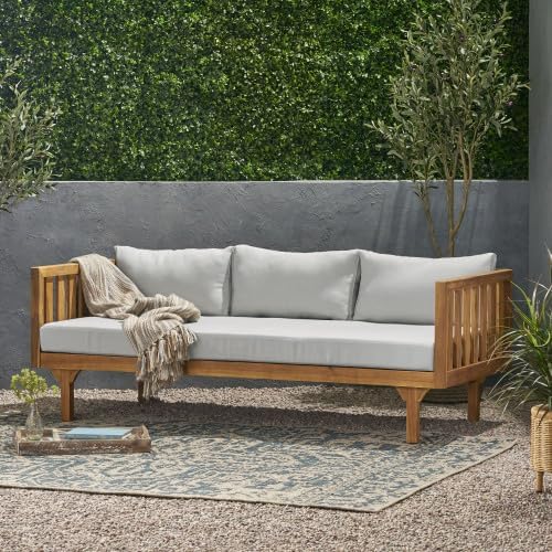 Merax Outdoor Acacia Wood Conversation Set - Patio 3-Seat Loveseat Sofa w/Coushion and Round Coffee Table for Backyard, Lawn, Balcony, Teak+Light Gray