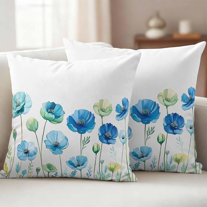 Spring Floral Outdoor Waterproof Throw Pillow Covers Set of 2, 24"x24", Watercolor Blue Poppy Flower Decorative Pillow Covers Outside Cushion Case for Patio Porch Garden
