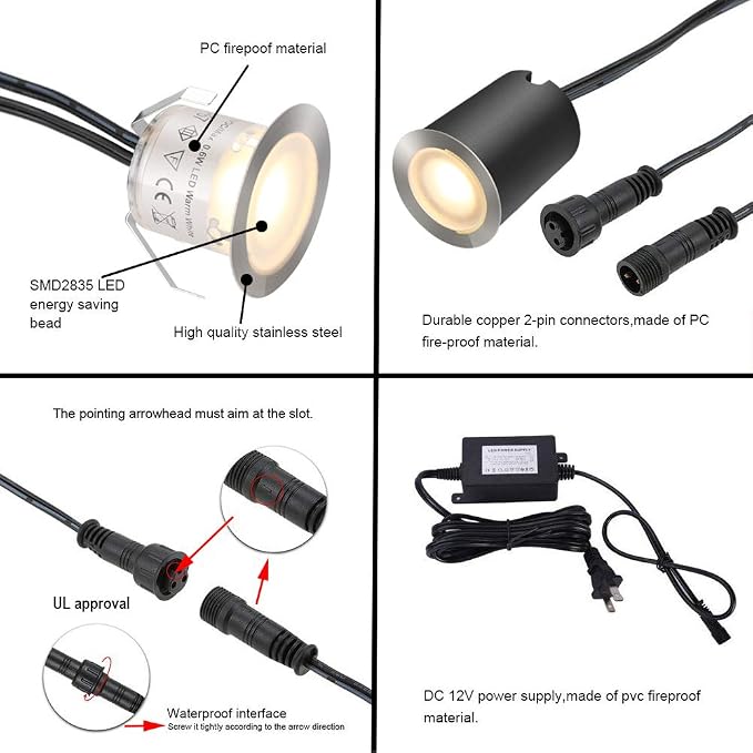 10 Pack Recessed LED Deck Light Kits with Protecting Shell, 32mm, Warm White, IP67 Waterproof, 12V Low Voltage, for Outdoor Garden, Patio, Stair, Kitchen Decoration