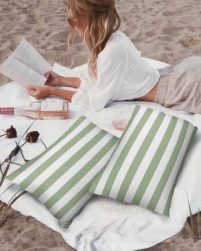 Outdoor Pillows 20x12 Waterproof Outdoor Pillow Covers Spring Stripes Green Polyester Throw Pillow Covers Garden Cushion Decorative Case for Patio Couch Decoration Set of 2 Sage Green