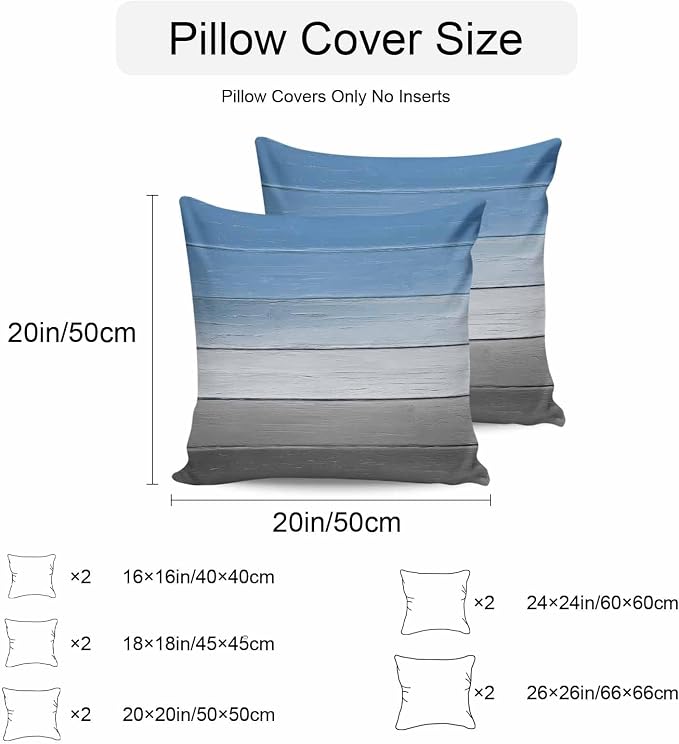 Blue Gray Outdoor Pillow Covers 16x16 Inch Throw Pillow Covers Set of 2 Waterproof Decorative Pillow Cases Vintage Farmhouse Gradient Wooden Grain Art Cushion Covers for Patio Furniture Garden Couch