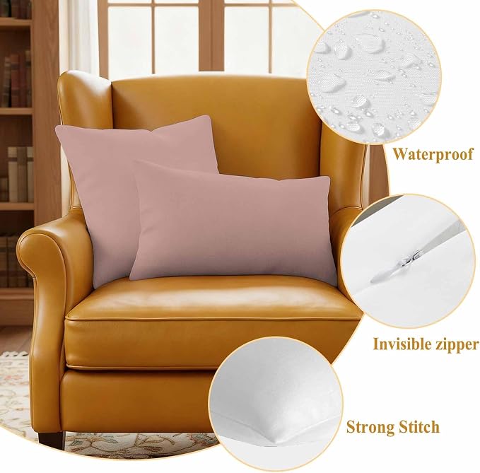 Lumbar Pillow Covers 12 x 20 Inches, Pink Pure Color Waterproof Throw Pillow Cover Set of 2, Aesthetics Contemporary Luxury Decorative Rectangle Cushion Covers for Patio/Couch/Garden