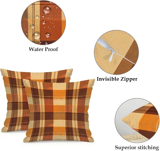 18x18 Inch Outdoor Pillow Covers Set of 2 Waterproof Throw Pillow Covers Decorative Couch Cushion Covers Buffalo Check Orange Square Pillowcases Protectors for Patio Garden Sofa
