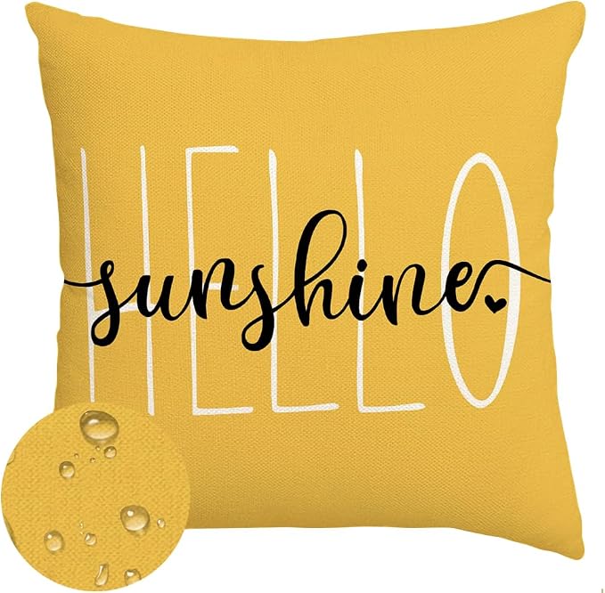 RABUSOFA Outdoor Pillows Waterproof Decorative Throw Pillows,18x18 Inch Hello Sunshine Summer Pillow Covers,Mustard Outdoor Pillow Cases for Patio Furniture(2-18) (18"x18")