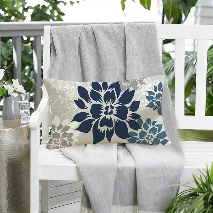 Waterproof Dark Blue Dahlia Floral Outdoor Pillow Covers 12x20 Inch, Decorative Spring Summer Cushion Cases for Living Room Sofa Patio Garden Porch