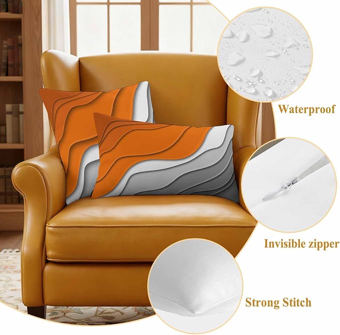 Abstract Beach Outdoor Pillow Covers Set of 2 Aesthetic Grey to Orange Gradient Waterproof Throw Pillow Cover Decorative Cushion Cases for Patio Porch Garden 24X24 Inch