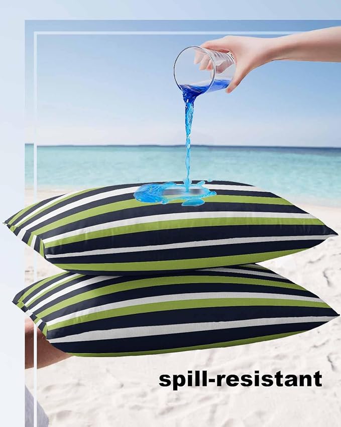 Pack of 2 Blue Green White Stripes Outdoor Pillow Waterproof Covers 20x12 inch, Classic Geometric Polyester Throw Pillow Covers Garden Cushion Decorative Case for Patio Couch Decoration