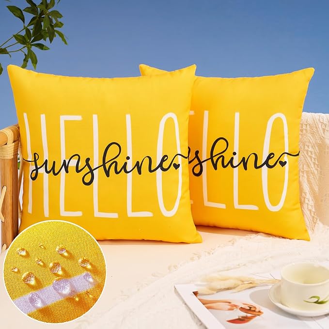 DFXSZ Yellow Outdoor Waterproof Pillow Covers 20x20 Set of 2 | Hello Sunshine Decor Spring Summer Polyester Pillow Covers(NO INSERTS)| Decor for Patio Funiture Garden Sofa Couch