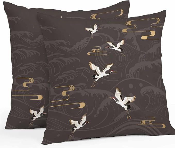 Japanese Style Outdoor Pillow Covers 26x26 Inch Throw Pillow Covers Set of 2 Waterproof Decorative Pillow Cases Vintage Cranes Ocean Wave Black Grey Cushion Covers for Patio Furniture Garden Couch