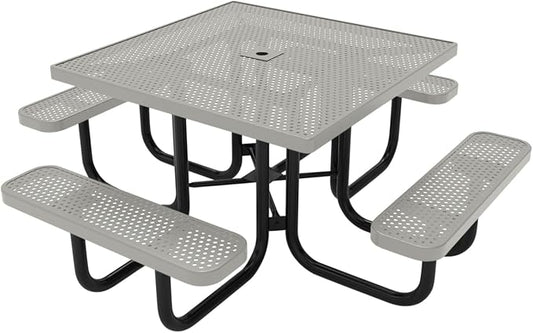 COATEDOUTDOORFURNITURE Heavy-Duty Portable Outdoor Picnic Table with Umbrella Hole, Punched Steel Commercial-Grade Patio Dining Furniture Made in America (46" Square Top, Textured Grey)