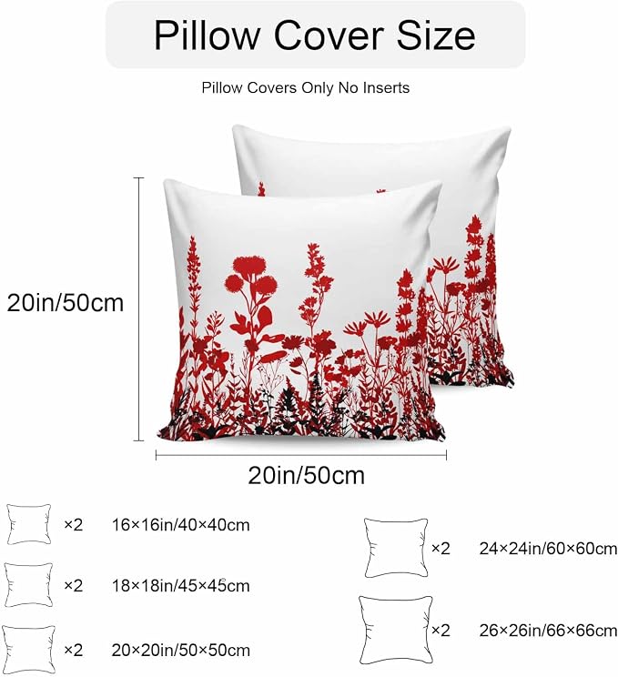 Red Flowers Waterproof Outdoor Pillow Covers Set of 2 Home Decor, Rustic Spring Wild Floral Herbs Plants Pillowcase Patio Pillow Covers for Couch Bench Furniture Garden 24x24in