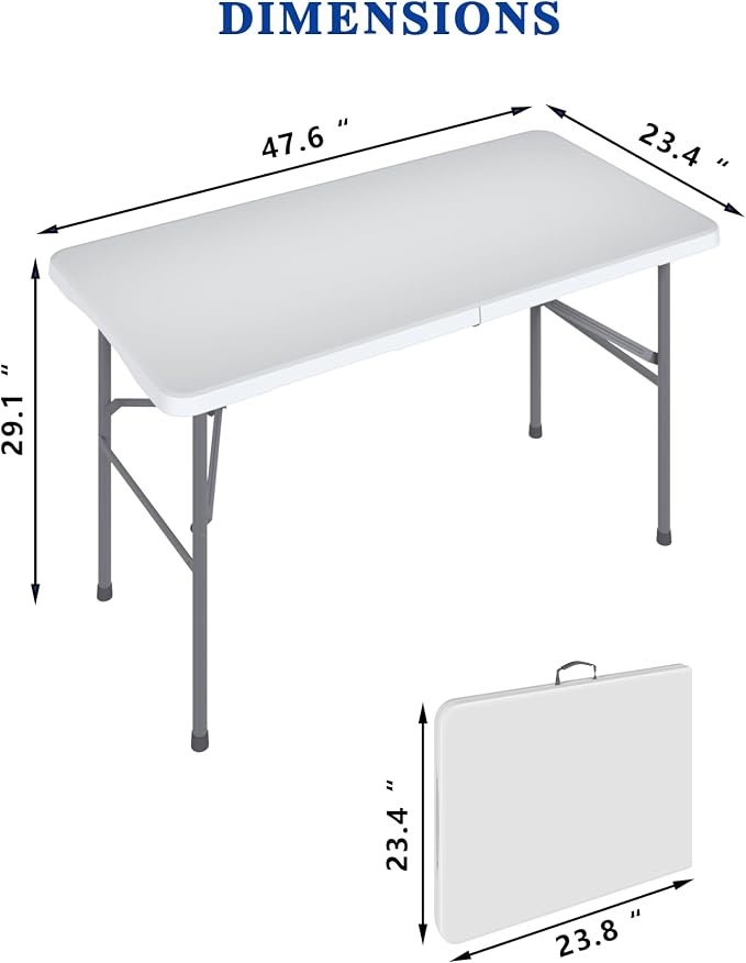 4FT White Folding Table for Outdoor, 4 Foot Picnic Tables No Assembly Required Portable, White Foldable Table for Camping, Parties, Meeting, Events, Wedding, BBQ, with Carrying Handle