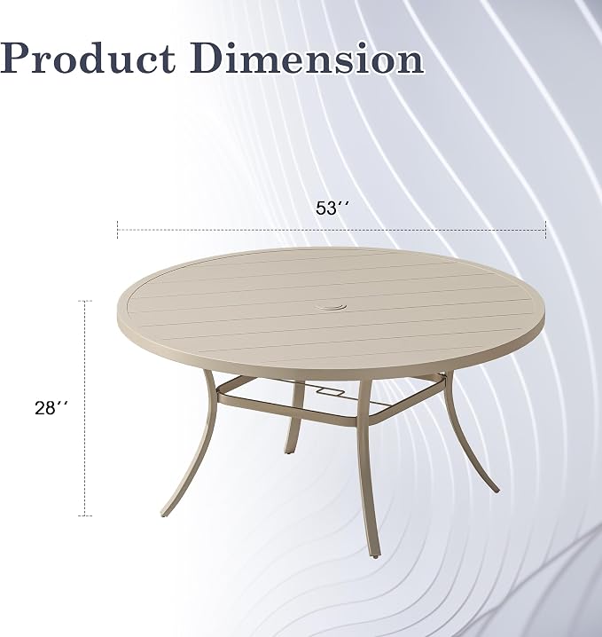 Outdoor Dining Table for 8, 53" Round Outdoor Table with Adjustable Umbrella Hole, All-Weather Metal Patio Dining Table for Lawn Garden Backyard Deck, Sandshell