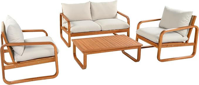Merax Outdoor 4-Piece Acacia Wood Conversation Set - Patio 2-Seat Loveseat Sofa w/Cushion, 2 Armchair and Square Coffee Table for Backyard, Lawn, Balcony, Beige + Natural