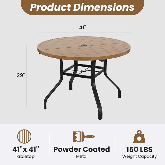 Soohow Round Outdoor Dining Table, 41" Round Patio Table Wood-Like Grain with 1.57" Umbrella Hole, Metal Outdoor Dining Tables for Backyard and Poolside