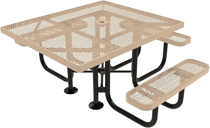 COATEDOUTDOORFURNITURE Coated Outdoor Furniture Heavy-Duty Portable ADA-Compliant Outdoor Picnic Table with Umbrella Hole, Expanded Metal Patio Dining Furniture Made in America (46" Square Top, Tan)