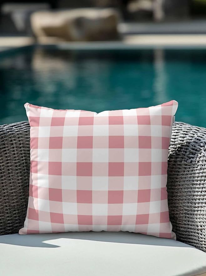 Waterproof Outdoor Pillow 1 Pack Pink Buffalo Plaid Decorative Throw Pillows Cover & Insert 18x18 Inch Pillowcase Check Lines Square Pillows for Couch Sofa Bed Patio Furniture Indoor Outdoor