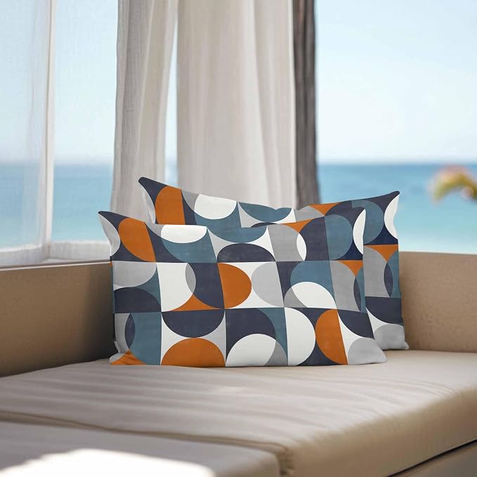 Vandarllin Outdoor Throw Pillows Covers 20x12 inch Set of 2 Waterproof Mid Century Geometric Decorative Zippered Cushion Covers for Patio Furniture, Abstract Modern Orange Blue Lumbar Pillowcases