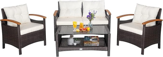 HAPPYGRILL 4 Piece Patio Conversation Set Rattan Sectional Sofa Set with Soft Cushions and Coffee Table, Outdoor Wicker Furniture Set with Acacia Wood Armrests, Perfect for Poolside, Garden, Backyard