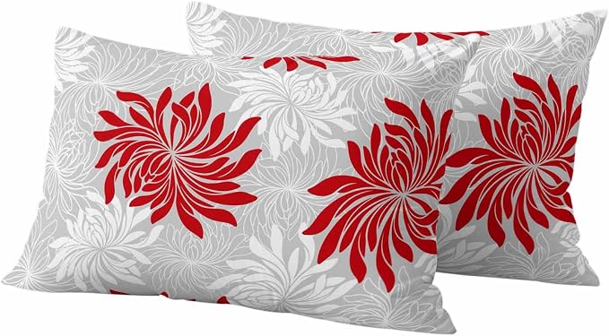 Red Grey Floral Outdoor Pillow Covers Set of 2 Vintage Red White Grey Flower Waterproof Throw Pillow Cover Decorative Cushion Cases for Patio Porch Garden 20X12 Inch