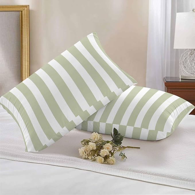 Sage Green Striped Outdoor Waterproof Throw Pillow Covers 20x12 Set of 2, Modern Farmhouse Sage Green White Stripes Decorative Pillowcases Cushion Pillowcase for Couch Sofa Patio Pillow Protector