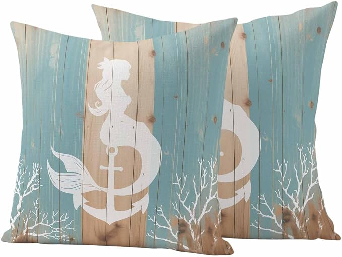 Summer Nautical Outdoor Waterproof Pillow Covers Set of 2, White Mermaid Coral Anchor Silhouette Wood Grain Pillowcase Decorative Throw Cushion Cases for Patio Garden Couch 18 x 18 Inches