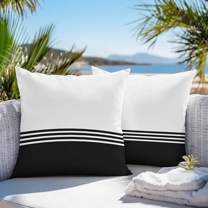 Throw Pillow Covers 20x20 Inch Set of 2, Black White Striped Waterproof Outdoor Cushion Covers, Modern Abstract Art Aesthetics Decorative Pillowcases for Couch, Sofa, Bed, Garden, Patio