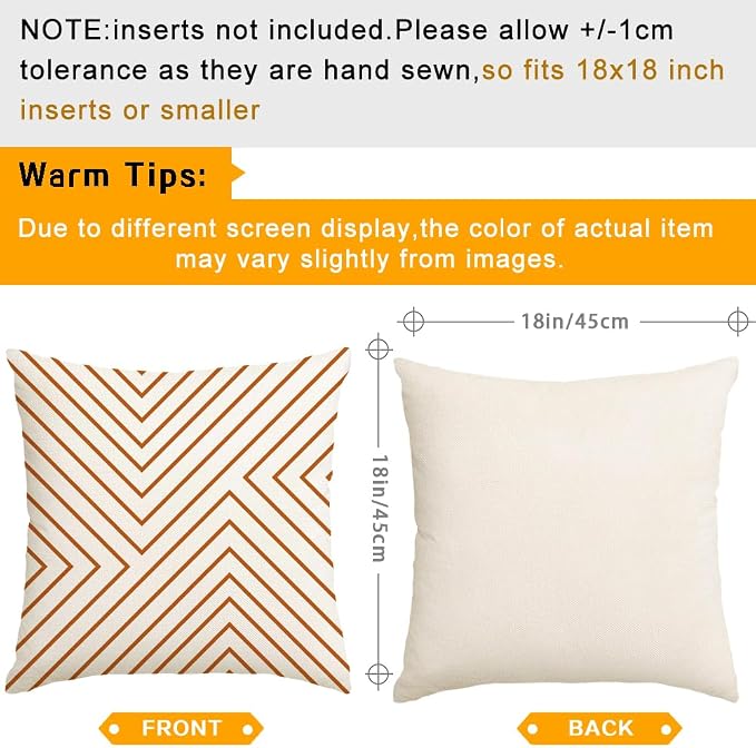 Outdoor Pillows Covers 18x18 Waterproof,Orange and Beige Set of 4(No Insert | for Covered Patio Furniture Couch Sunbrella,No Insert Just Covers,Fit 18x18 inch Inserts or Smaller,Durable Polyester,Boho