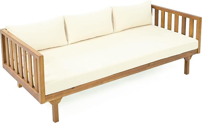 Christopher Knight Home Charm Patio Conversation Set, 3 Seater Acacia Wood Sofa, Spacious Seating Daybed, Wood Coffee Table, Round Side Table, Outdoor Furniture for Backyard Garden Gathering, Beige
