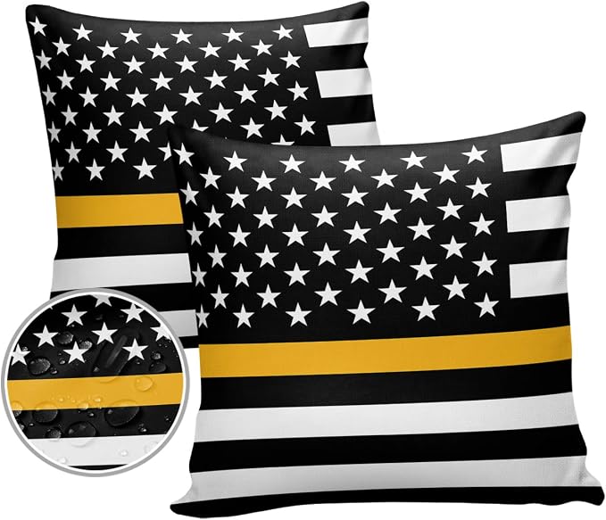 Outdoor Waterproof Pillow Covers Set of 2, Thin Gold Line Dispatchers Dispatch Communications Officer American Flag Patio Throw Pillow Covers, Decorative Cushion Case for Sofa Furniture, 24x24 Inch