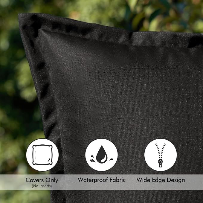 EMEMA Pack of 2 Black Outdoor Pillows Waterproof 18x18 Inch Decorative Solid Broadside Square Throw Pillow Covers Outside Pillowcase for Patio Furniture Sunbrella Outdoor Pillows for Balcony Decor