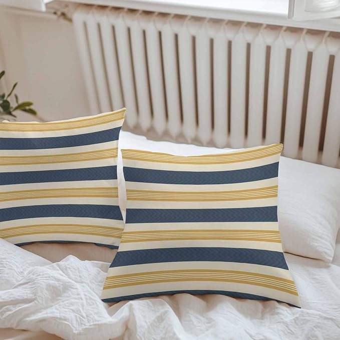 Vandarllin Outdoor Throw Pillows Covers 24x24 inch Set of 2 Waterproof Navy Blue Stripes Lines Decorative Zippered Cushion Covers for Patio Furniture, Yellow Classic Striped Lumbar Pillowcases