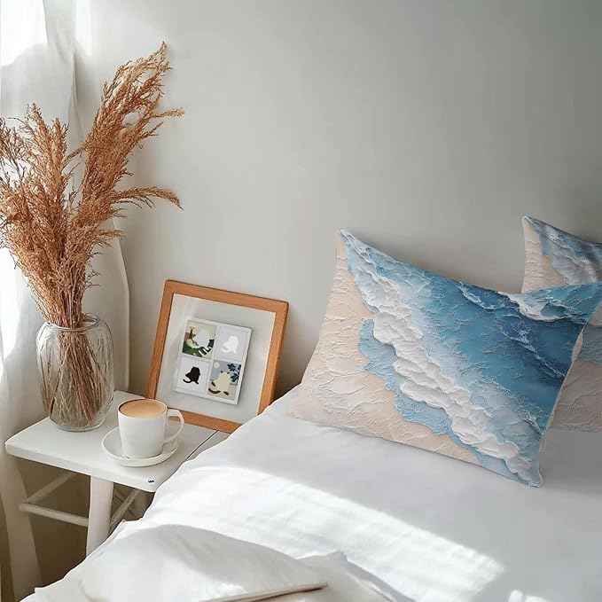 Summer Beach Theme Outdoor Pillow Covers 20x12in Pack of 2 Waterproof Pillowcase Watercolor Blue Ocean Wave Decorative Throw Cushion Case for Patio Couch Sofa