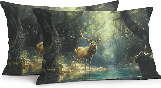 Green Forest Deer Waterproof Outdoor Pillow Covers Set of 2 Home Decor, Fantasy Vintage Nature Scenery Pillowcase Patio Pillow Covers for Couch Bench Furniture Garden 20x12in